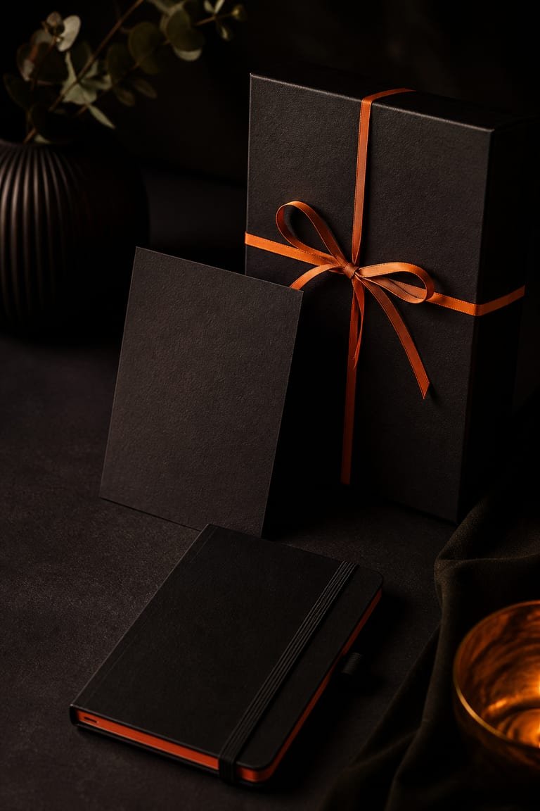 Matte black creator welcome kit with an orange ribbon, card and notebook