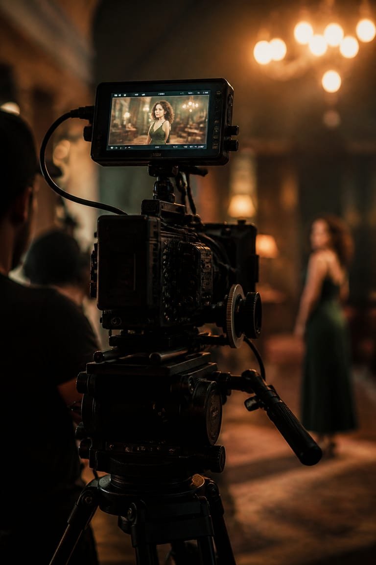 Cinema camera on a professional FliqaIndia campaign set with the monitor showing the framed shot