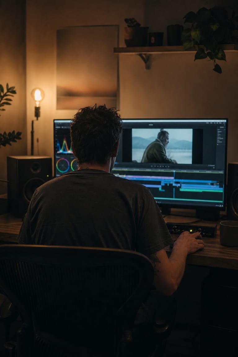 Creative professional colour grading footage at an editing workstation