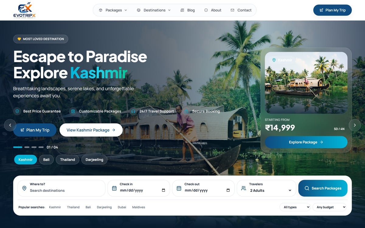 EvoTripX website showing curated travel destinations and trip packages