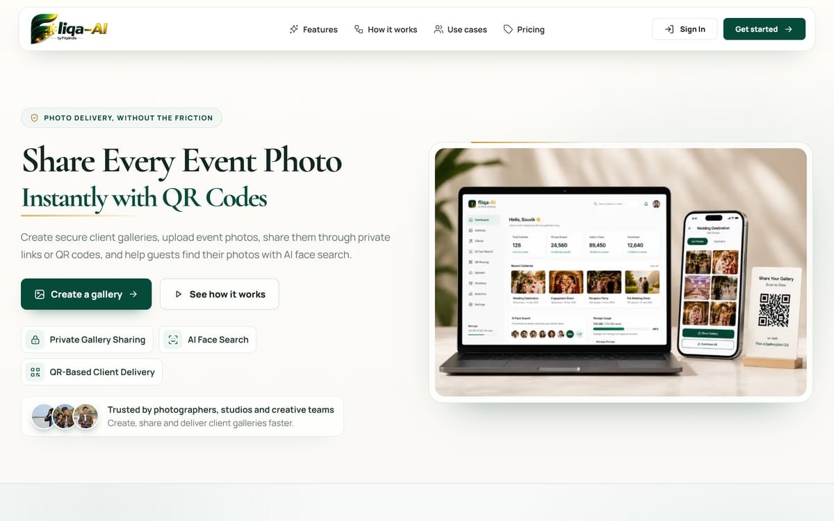 Fliqa AI website showing AI-assisted photo delivery and gallery workflows