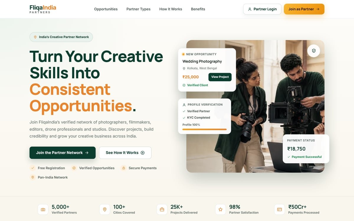 FliqaIndia Partners website showing the creative partner network opportunities