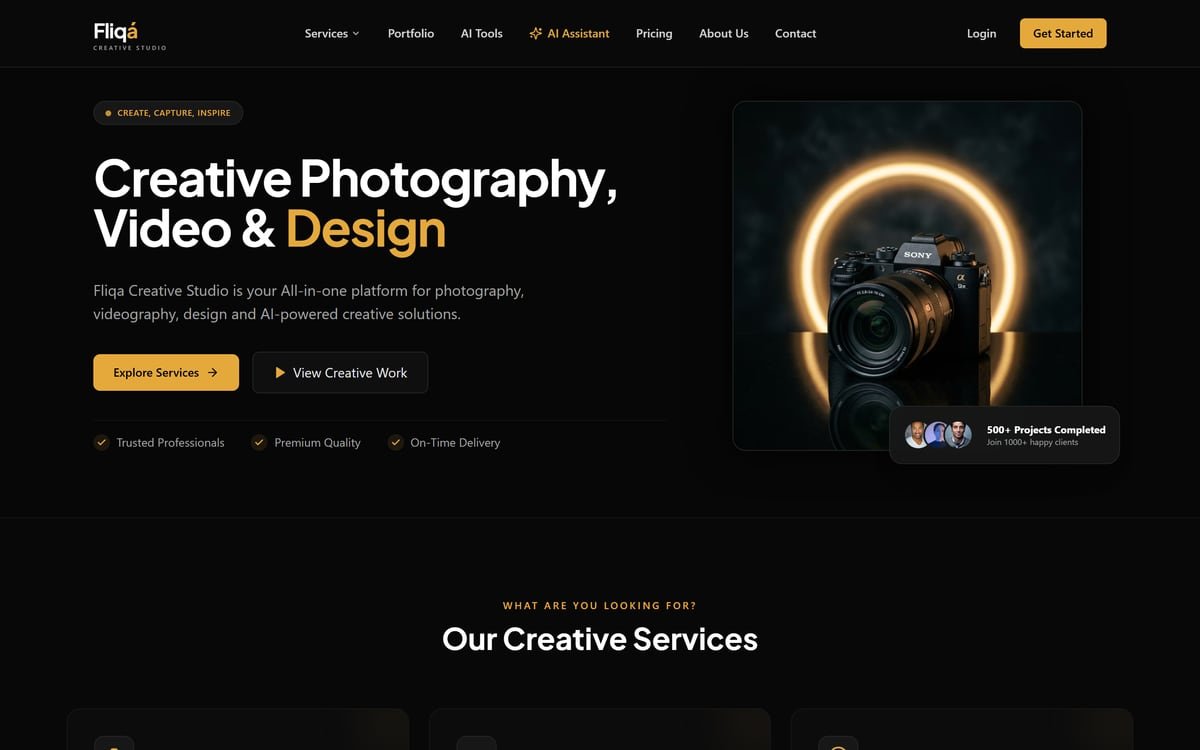 Fliqa Studio website showing creative photography, video and design services
