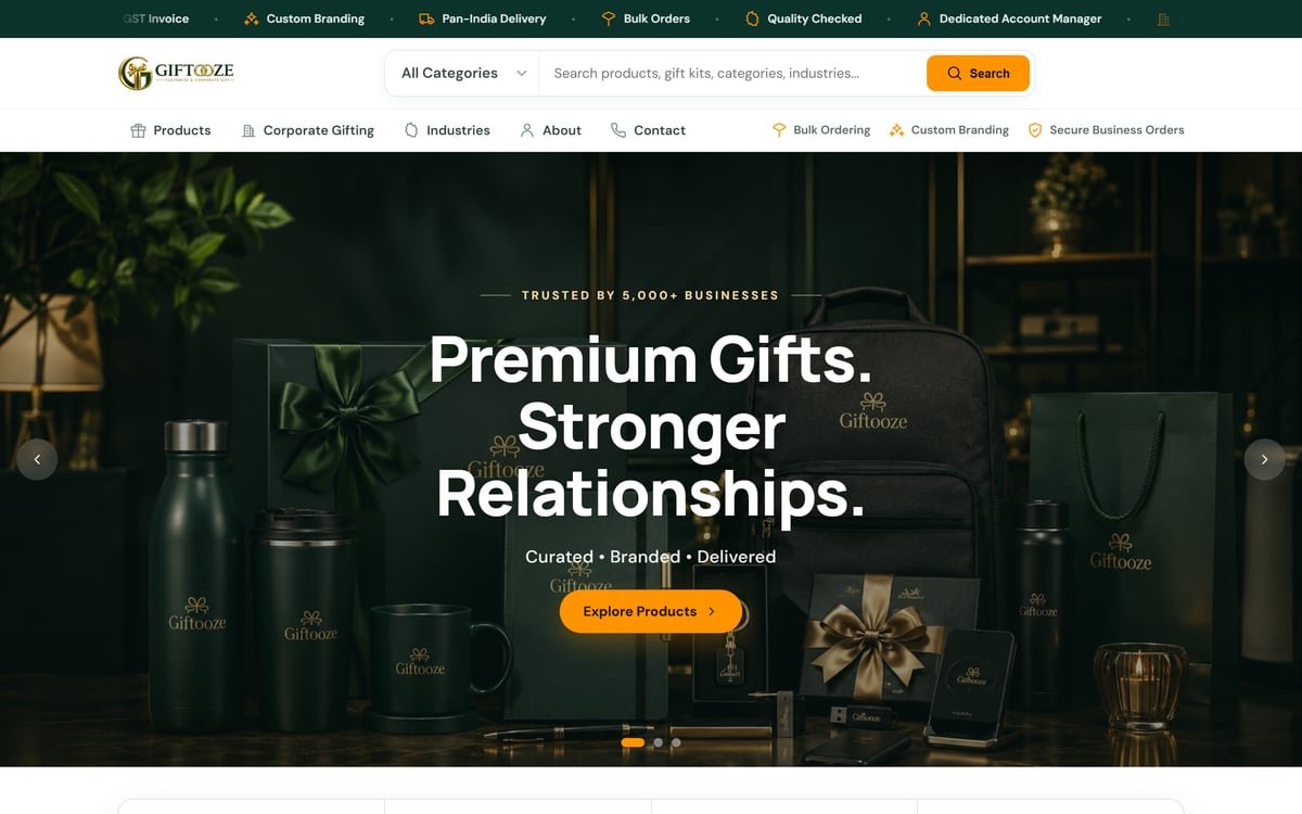 Giftooze website showing curated corporate gifting collections