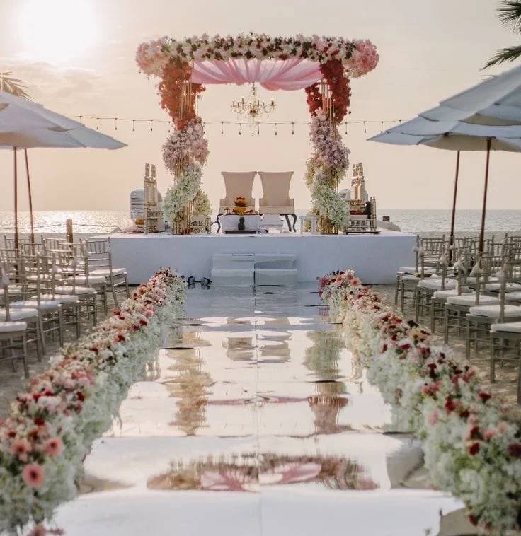 floating mandap setup at Lake Pichola with floral canopy