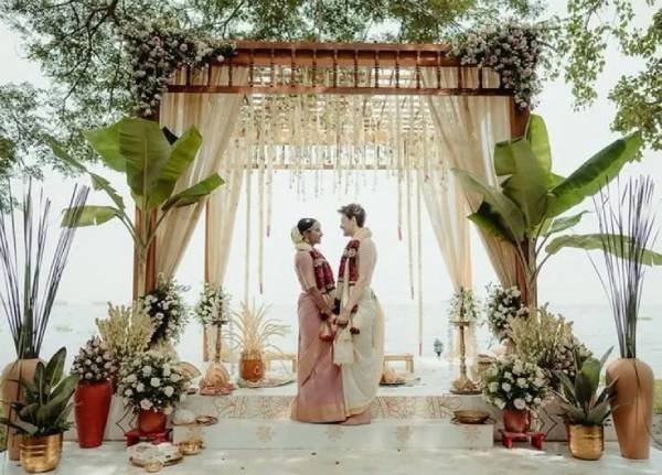eco-friendly bamboo floating mandap setup in Kerala backwaters